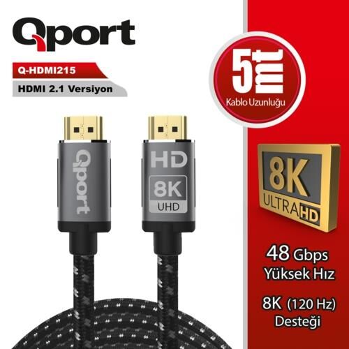 Kablo Qport Q-Hdmi215 5Mt Altın Uçlu Örgülü 2.1V/8K/Altın Uçlu Kktc