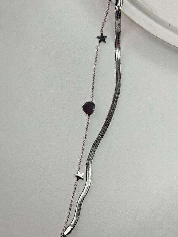 Çelik Yıldız Ve Kalp Detaylı Çift Zincirli Silver Bileklik – Paslanmaz Kadın Takı, Kararma Yapmaz Zarif Model - Görsel 1