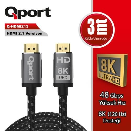 Kablo Qport Q-Hdmi213 Altin Uç Örgülü Hdmi 2.1V 3Mt Kktc