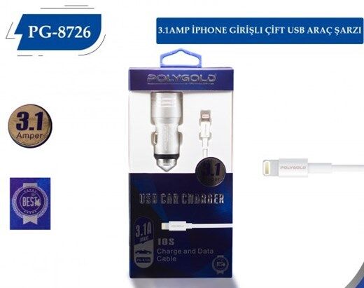 Polygold Pg-8726 Usb Araç Şarj Cihazı Ve Apple Kablo - Araç İçi Şar...-Polygold Kktc