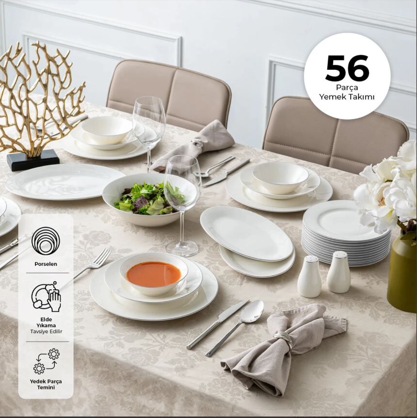 Emsan New Bone Frezya 56 Prç Yemek Takımı Platin - Görsel 1