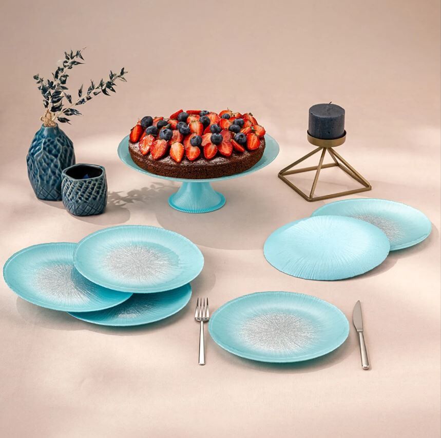 1000242671001 Emsan Pastel 7 Parça Cam Pasta/Tatlı Seti Mavi - Görsel 1