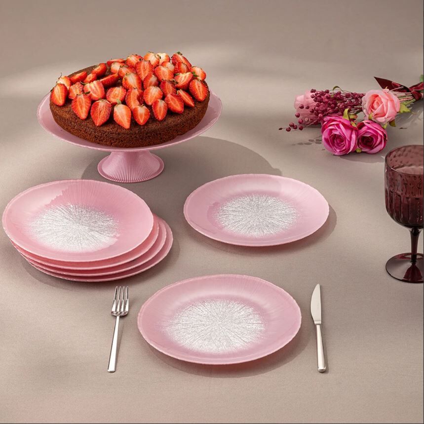 1000242672001 Emsan Pastel 7 Parça Cam Pasta/Tatlı Seti Pembe - Görsel 1